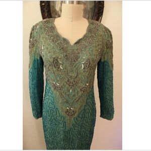 1980's Together! Brand Dynasty Style Turquoise Beaded Silk Long Sleeved Evening
